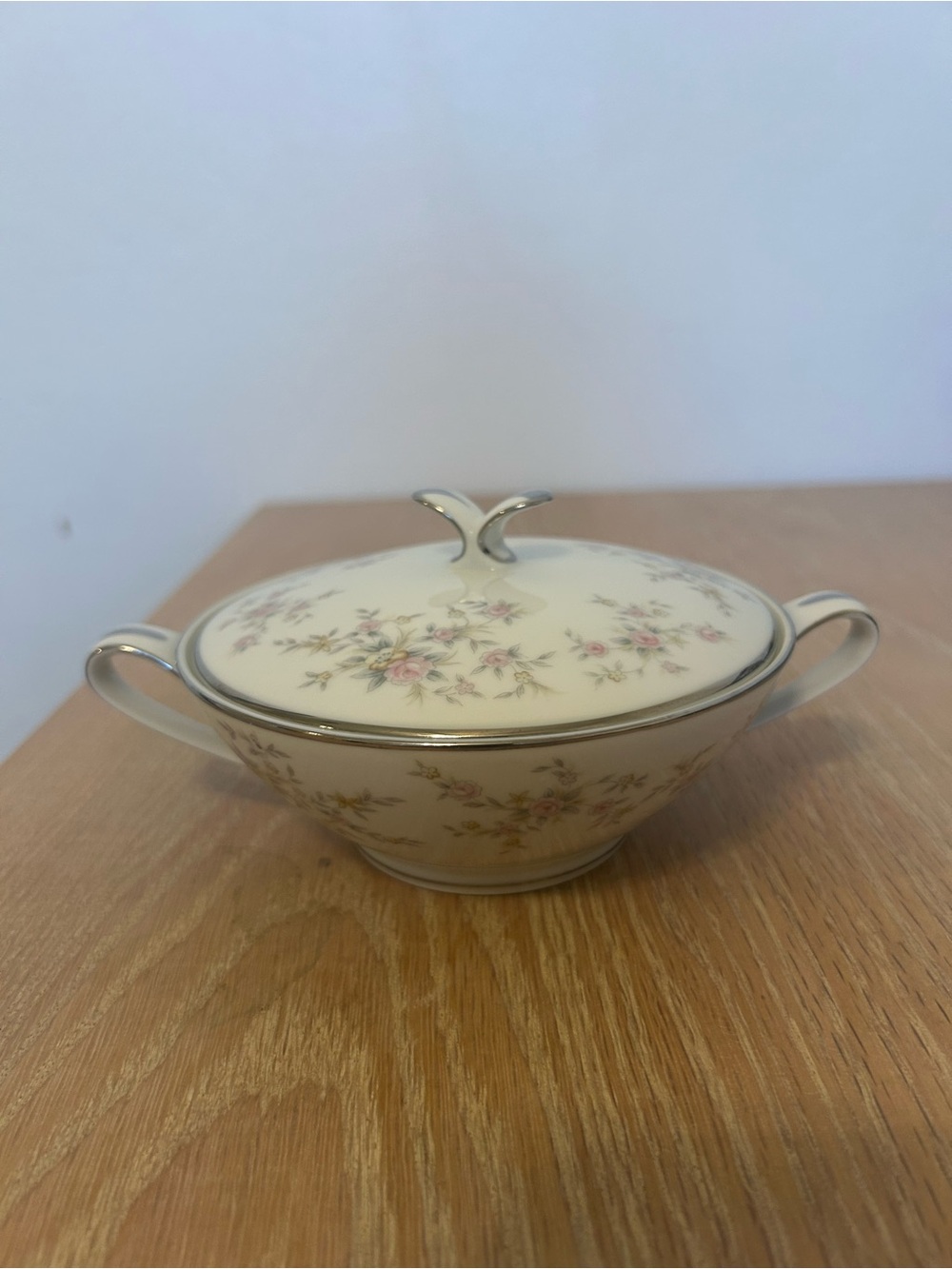 Vintage Noritake Elegant Cream Floral Covered Sugar Bowl with Silver Trim